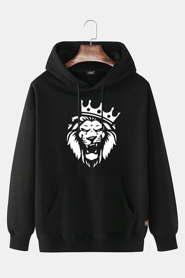 Terapi Men Unisex Black Hooded Lion Printed Slim Fit Kangaroo Pocket Sweatshirt Trendyol