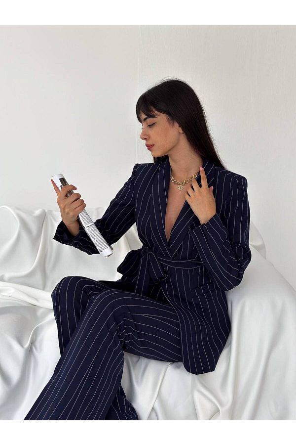 han fashion-Zavazovací pruhovaná umělá kapsa Šálový límec Blazer Bunda Pipe Noha Strečové kalhoty Oblek 1
