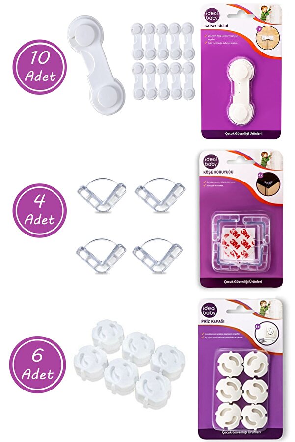 İdeal Baby 20'li Çocuk Güvenlik Emniyet Seti 10 Dolap Kilidi 4 Köşe Koruyucu Kilit 6 Priz Kapağı