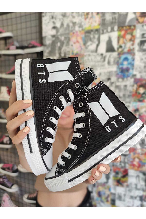 MECH BUT K Unisex Black Bts Logo Printed Linen High Top Sneaker Sports Shoes Trendyol