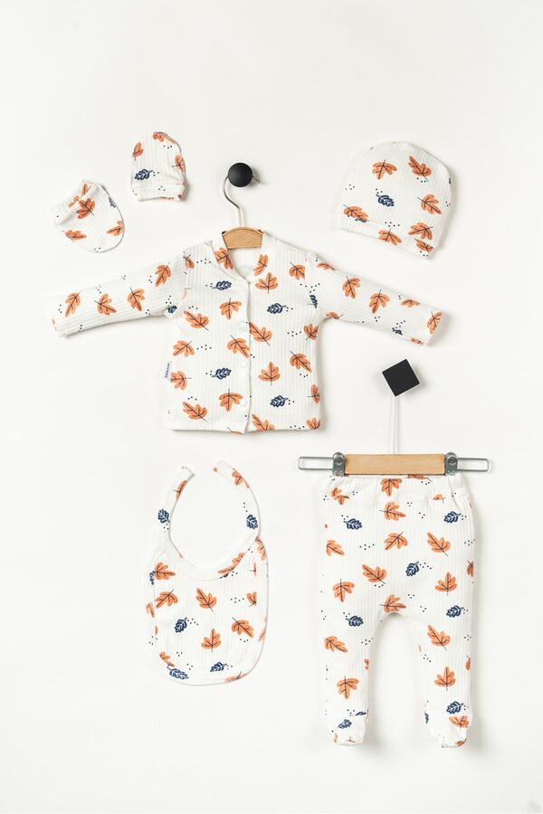 NEU KIDS Hastane Çıkış Seti Raporlu %100 Pamuk Yapraklı 5'li Set Yenidoğan Bebek Kıyafetleri - Hediye Paketli