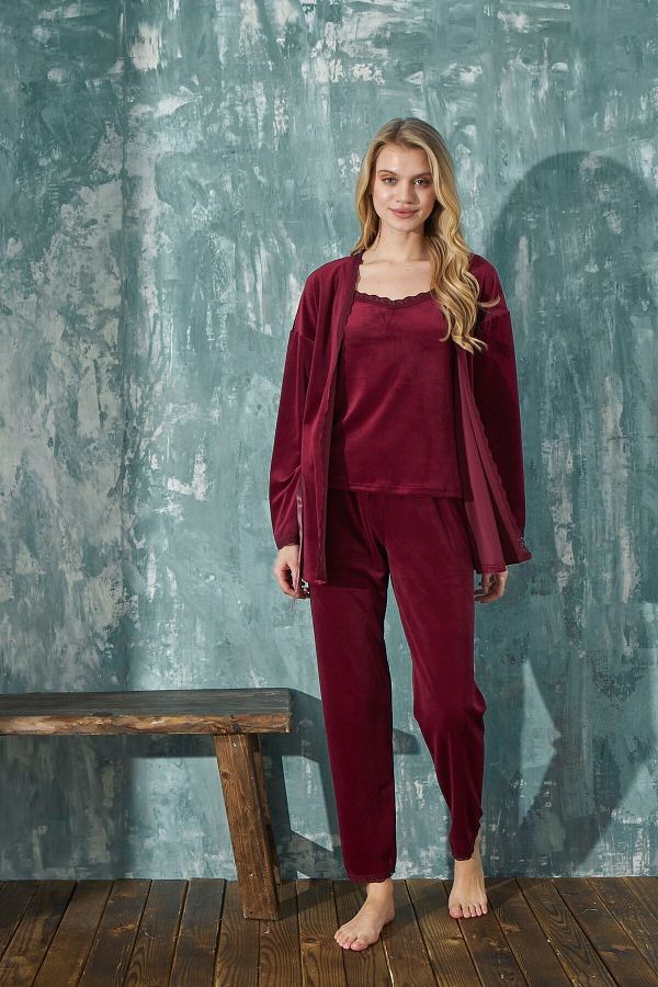 bie s Women s Burgundy French Velvet Rope Strap Dressing Gown and Lace Detailed Pajama Set 3 Piece Set Dowry Set Trendyol