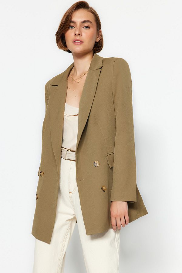 Trendyol Collection-Light Khaki Oversize Lined Buttoned Woven Blazer Jacket TWOAW22CE0167 1