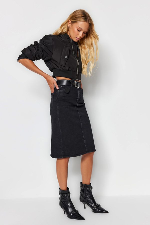 Trendyol Collection-Czarna, ołówkowa spódnica midi z wysokim stanem, dżinsowa TWOSS21ET0297 1