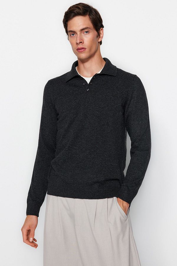 Trendyol Collection Anthracite Smart Slim Fit Polo Collar Knitwear Sweater Wool Buttoned Tmnaw23Kz00238 Trendyol