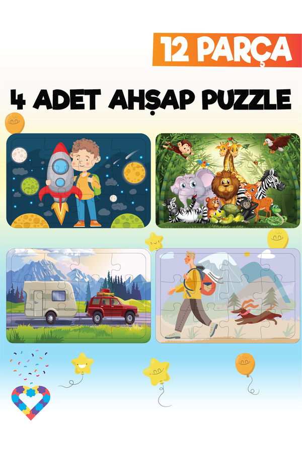 esatoys 12 Parçalı Montessori Ahşap Puzzle – 3-4 Yaş Eğitici Oyuncak