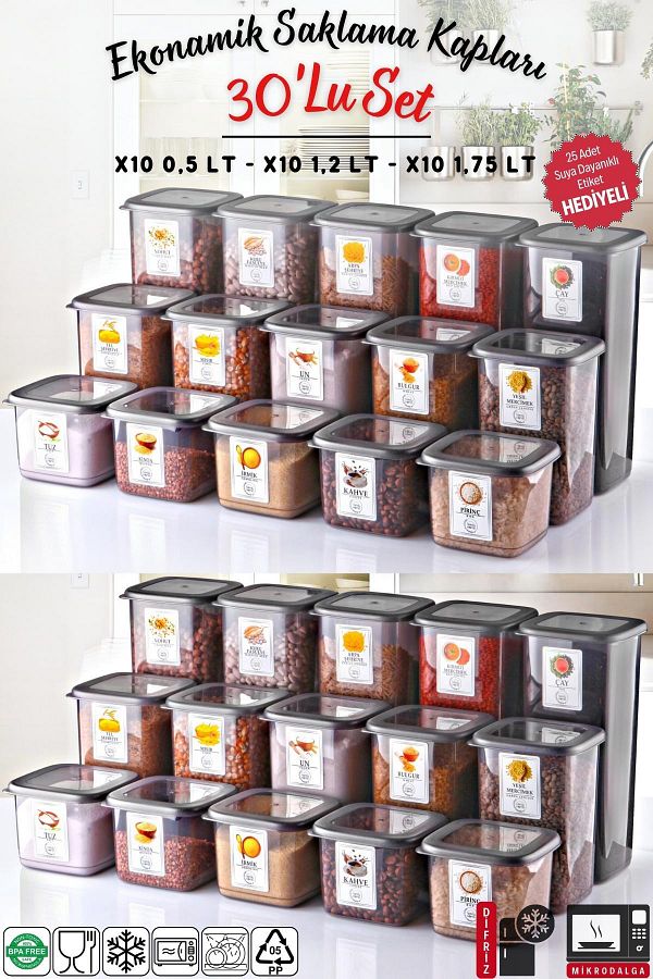 Nandy Home-Set of 30 Anthracite Economical Unbreakable Storage Containers with Labels X10 - 1,75/1,2/0,5 Lt 1
