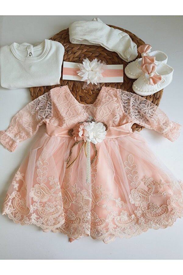 PİLEKİ BABY Kız Bebek 0-6 Ay Gelinlik Elbise 5 Li Mevlütlük Set Uzun Kollu Dantelli Elbise
