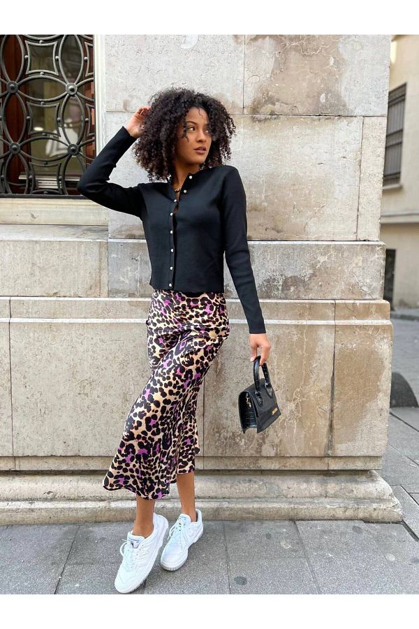 Julishop Julidress Women s Fuchsia Leopard Print Side Zip Midi Length Satin skirt Trendyol