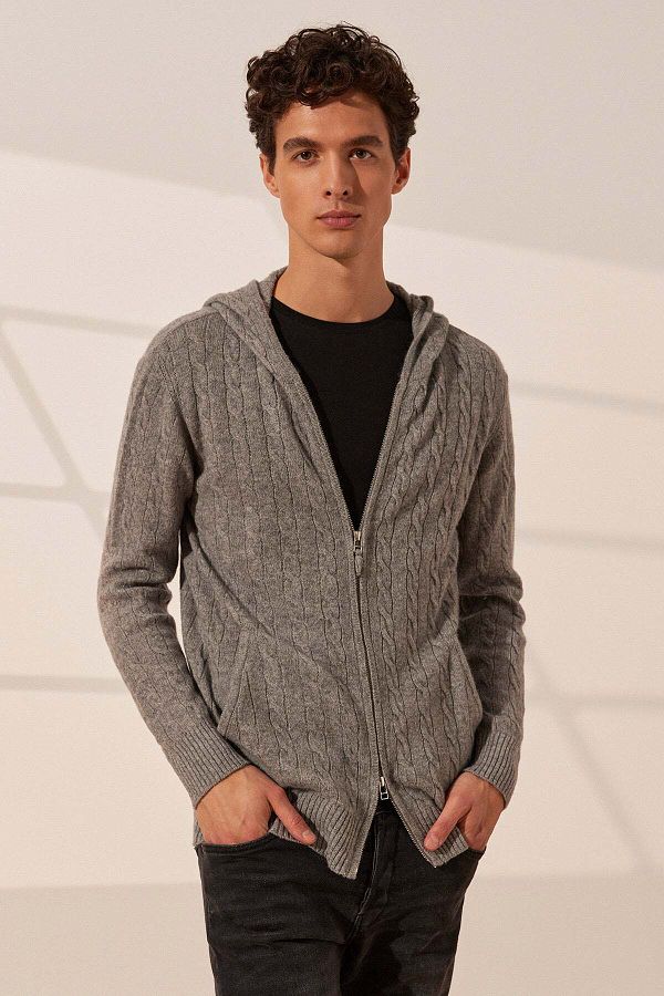 Silk and Cashmere Gray Cashmere And Wool Amerigo Men s Hooded Cardigan Trendyol