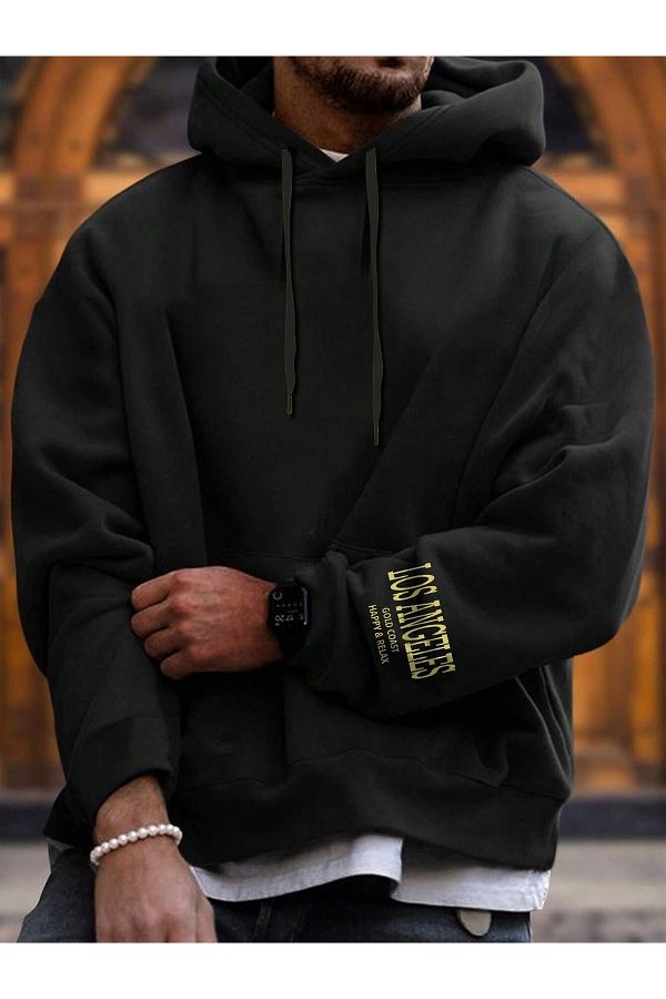 Black Sokak Black Gold Coast Printed Oversize Hooded Men s Sweatshirt Trendyol