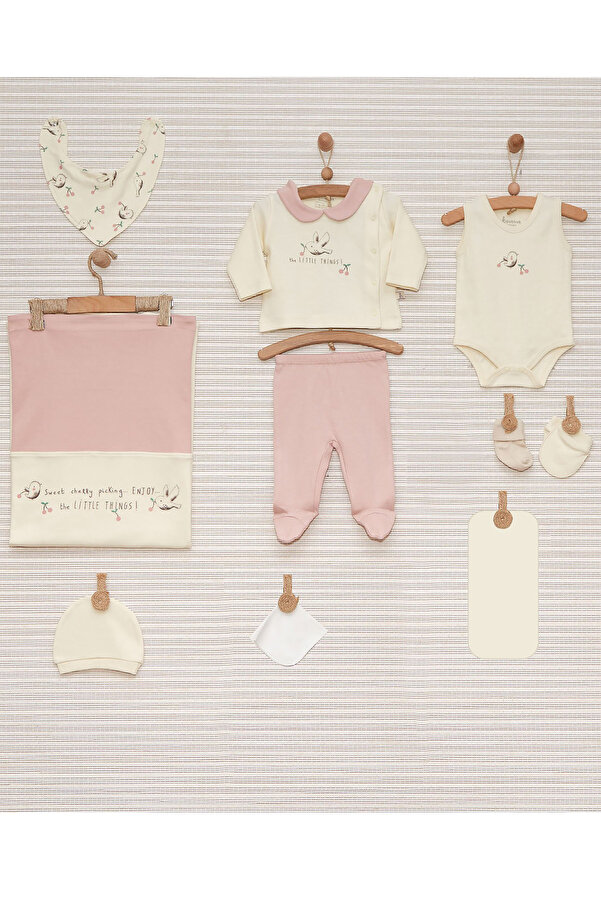 Melekpare Yenidoğan Kız Bebek Hastane Çıkışı Kuş ve Kiraz Desenli %100 Pamuk Yeni doğan 10lu Set