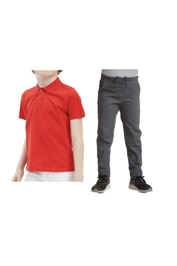 FATELLA Unisex children s school ribbed waist trousers red short sleeve Polo collar T shirt 2 piece set Trendyol