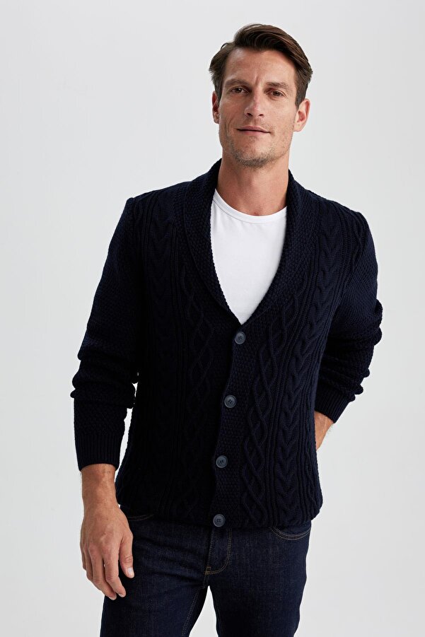Defacto Navy Blue Standard Fit Shawl Collar Knitted Detailed