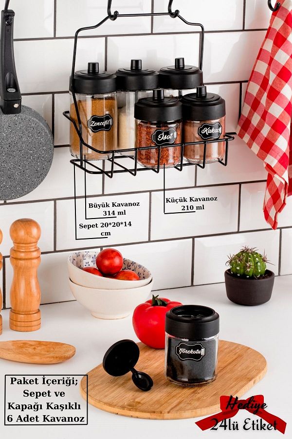 Kitchen Store 6 Piece Glass Spice Set with Lid and Spoon and Metal Basket Spice Rack Set Trendyol