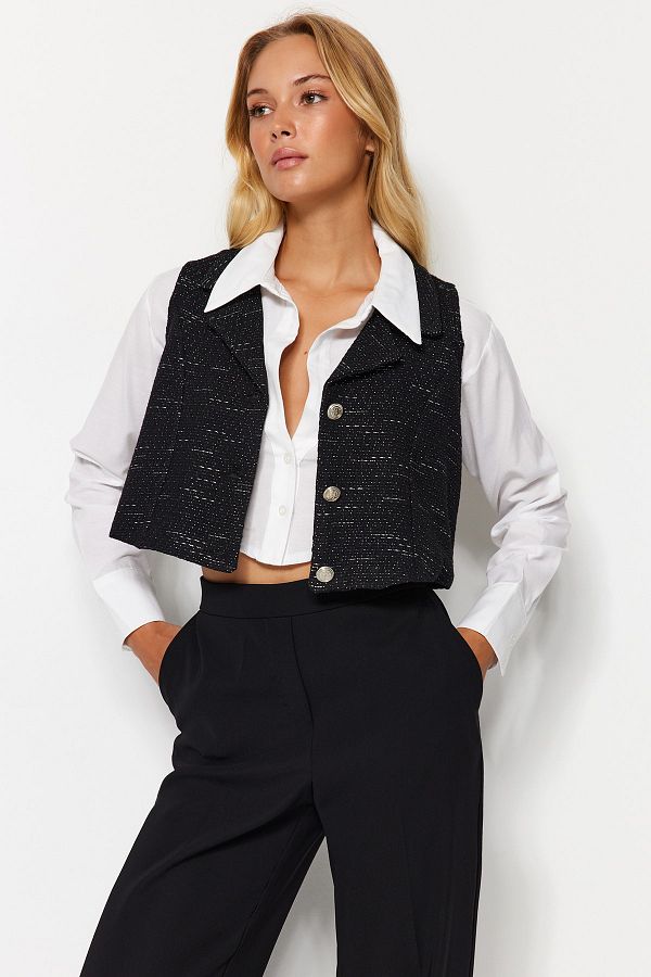 Trendyol Collection-Black Fitted Crop Glitter Fabric Woven Vest TWOAW24YE00056 1