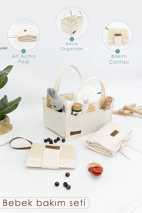 mordesign 3'lü Bebek Bakım Seti; Keçe Anne Bebek Organizeri, Su Geçirmez Alt Değiştirme Pedi, Alt Açma Çantası