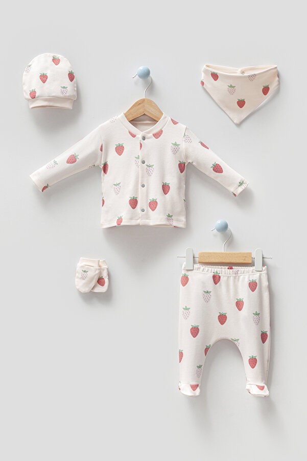 limebabies Çilek Desenli Yeni Doğan Kız Bebek 5'li Hastane Çıkış Seti