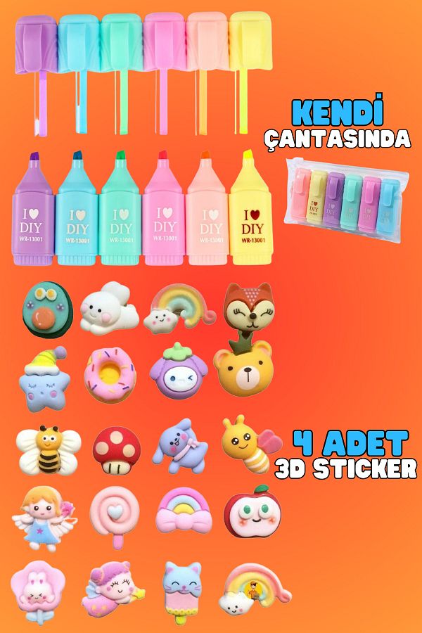 Şehir Online Mağazacılık-6 Colors Highlighter Marking Pen with I Love DIY Motto in its own bag and with 3D Sticker 1