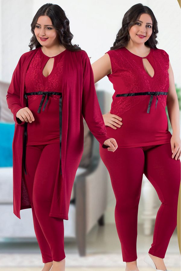 JEN KA Women s Large Size 3 Piece Pajamas Set with Dressing Gowns Trendyol