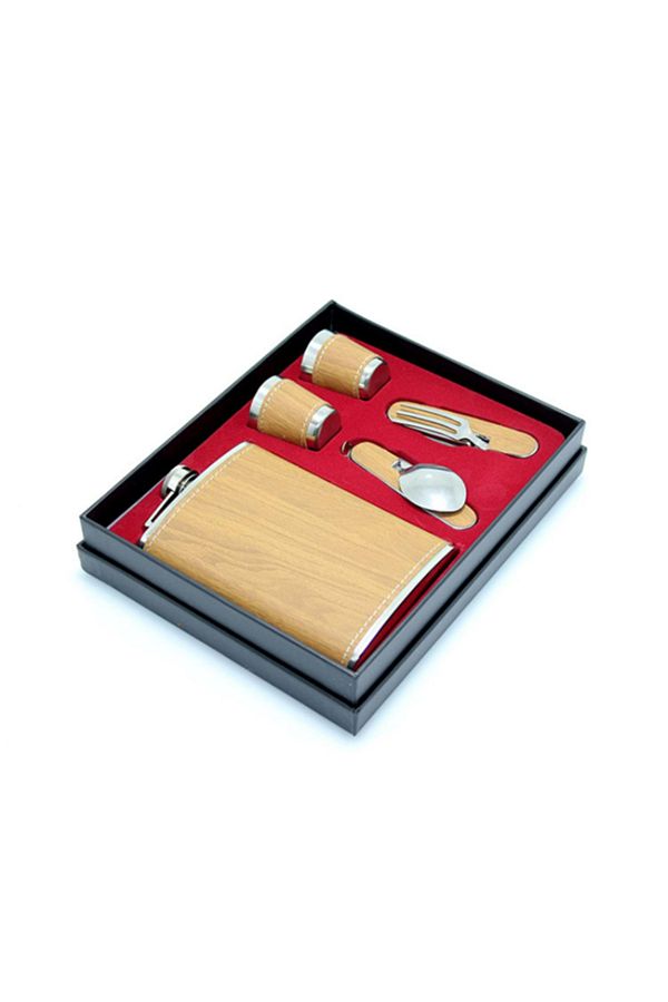 HEPBİMODA-Leather Flask Set Tan Fork Flask Set with Spoon 1