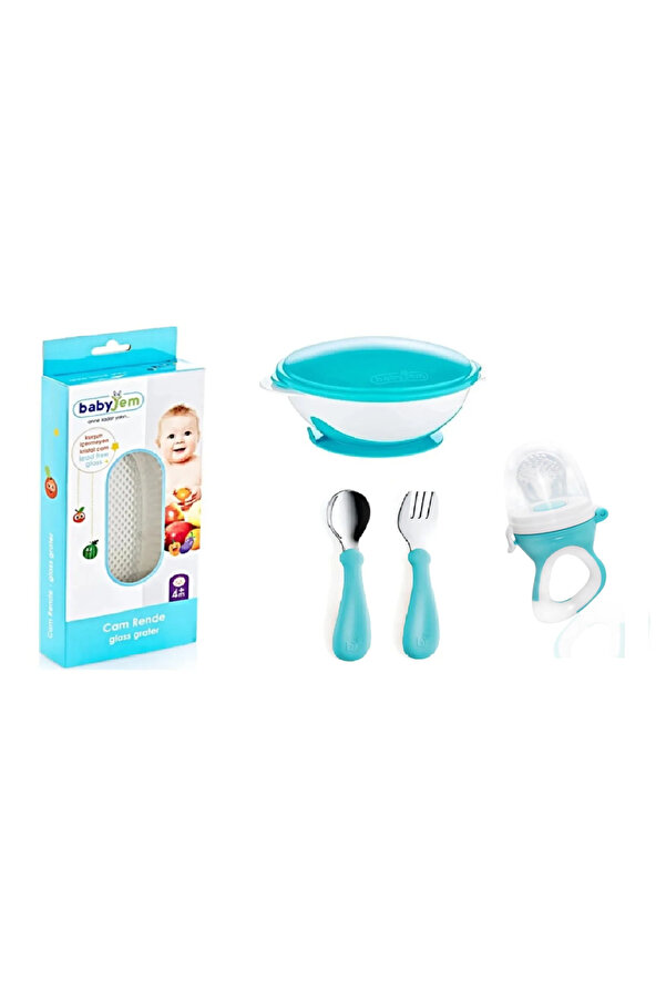 Babyjem Cam Rende + Vakumlu Mama Tabağı + Paslanmaz Çelik Çatal Kaşık + Silikon Uçlu Meyve Sebze Emziği