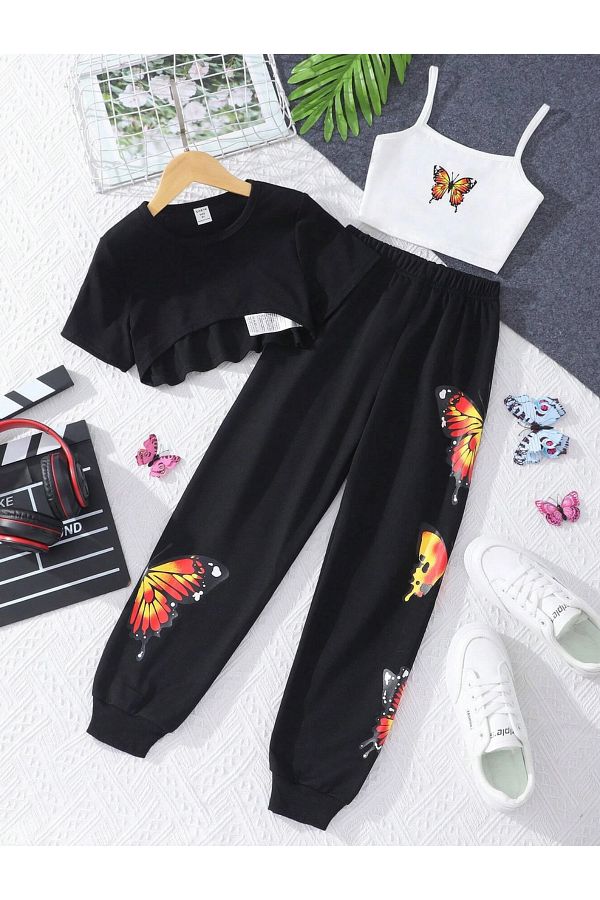 Machetta Kids 3 Piece Summer Tracksuit Set Butterfly Patterned Crop Straps Sweatpants Trendyol