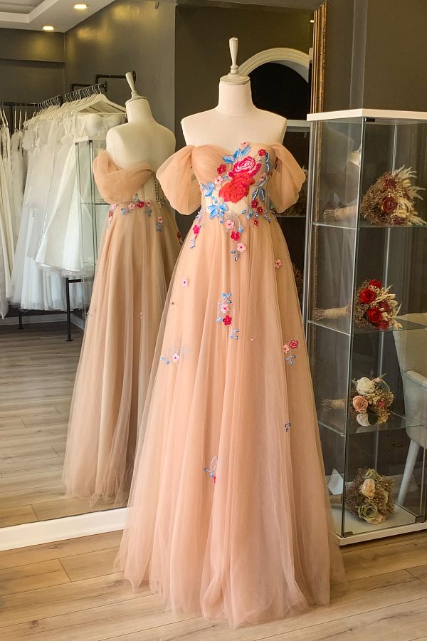 Lenta Moda Nude Colored Floral Maxi Length Evening Dress