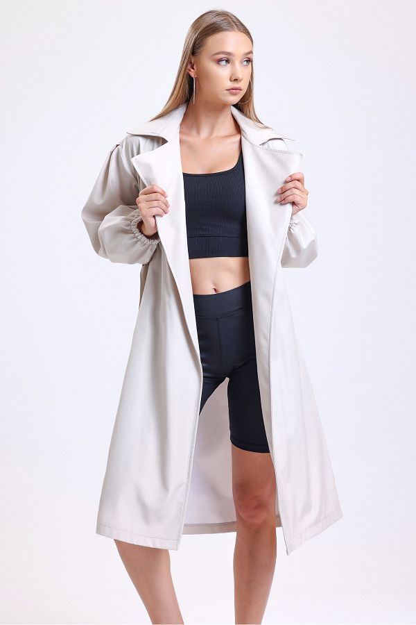 MD trend-Women's Stone Double Pocket Balloon Sleeve Belted Trench Coat 1