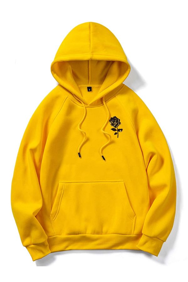 Black Sokak Yellow Rose Printed Oversize Hooded Men s Sweatshirt Trendyol