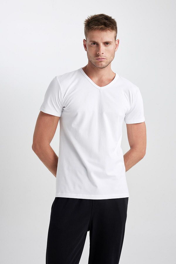 DeFacto-Slim Fit V-Neck Basic Short Sleeve Undershirt L4884az23au 1