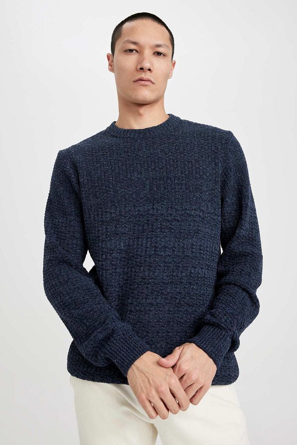 DeFacto-Navy Blue Standard Fit Regular Cut Crew Neck Textured Knitwear Sweater R1175Az23Au 1