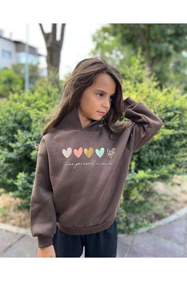 MORNİNG KİDS Kız Çocuk Kapşonlu Minimal Kalpler Baskılı Kahverengi Sweatshirt