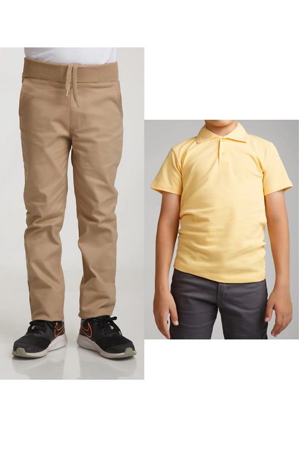 MaviMoure-Unisex Copii Crescut in Talie in Bej Pantaloni Scoala + Tricou Polo mânecă scurtă 1