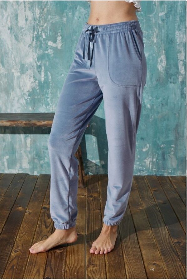 bie s Women s Blue French Velvet Soft Ankle Cuff Elastic Pocket Pajamas Jogger Tracksuit One Bottom Trendyol