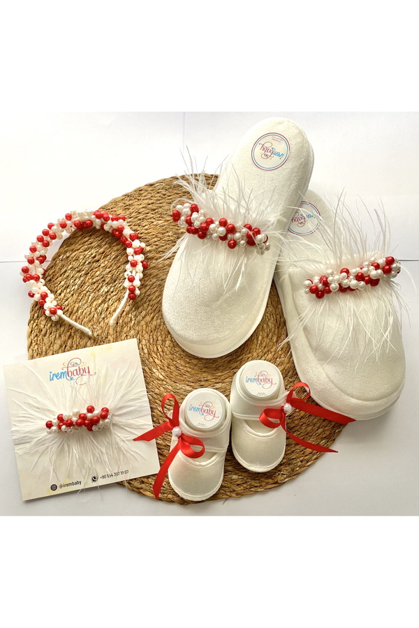irembaby Anne Bebek Lohusa Seti Kırmızı İncili Tüylü Lohusa Tacı Terliği ve Bebek Ayakkabı Takım Özel Tasarım