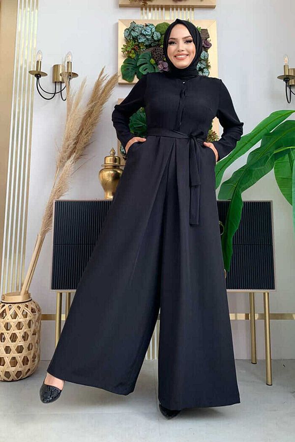 Bym Fashion-بذلة بحزام الخصر مع تفاصيل أزرار مخفية على الصدر 3676 أسود 1