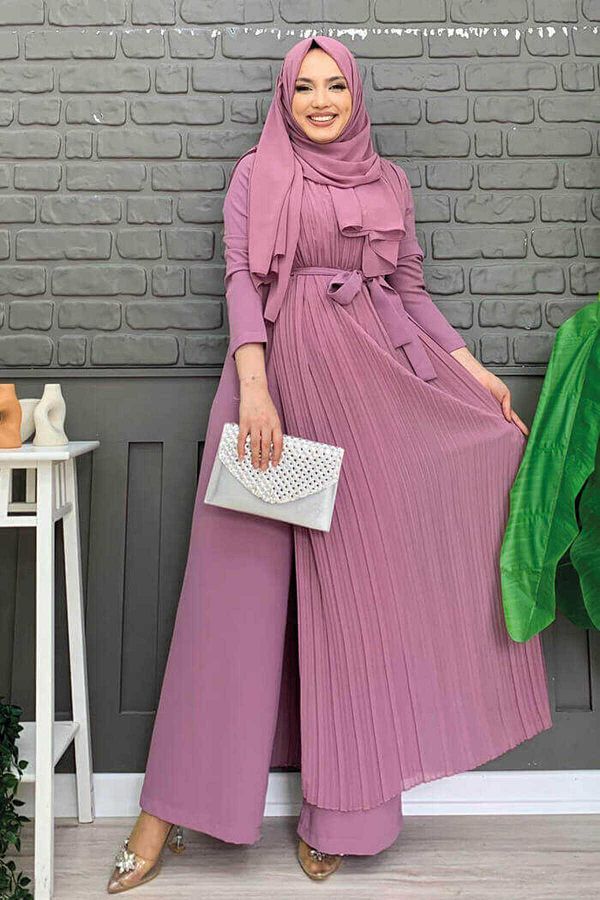 Bym Fashion-جمبسوت شيفون مطوي بتفاصيل حزام الخصر 3498 مسحوق 1