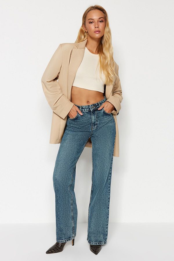 Trendyol Collection-Kék sápadt hatású Vintage magas derekú széles lábszárú farmernadrág TWOAW24JE00089 1