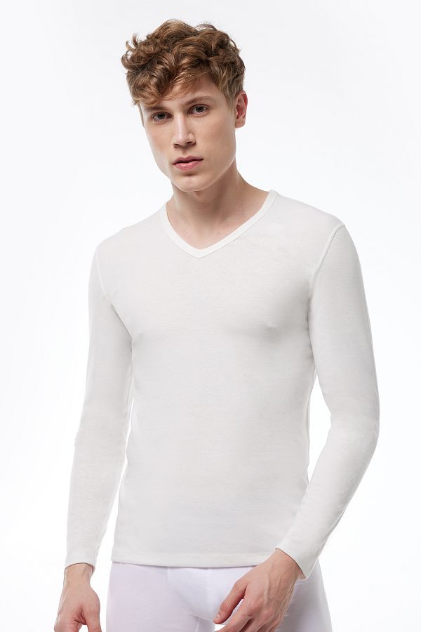 Malabadi Men s Ecru V Neck Long Sleeve Viloft Thermal Top Underwear 608 Trendyol