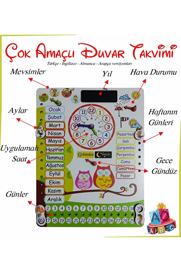 Ankebut Montessori Ahşap Saatli Eğitici Takvim Günler, Aylar, Mevsimler, Hava Durumu, Rakamlar