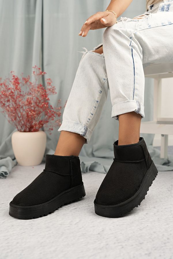 camaiore Mini Black Suede Ankle Boots with Furry Inside Flat Sole Women s Shoes Trendyol