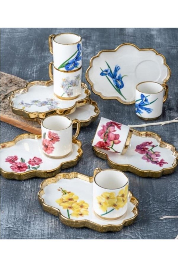 ACAR Ethnic Flower Pattern Gold Gilt 6-Person Porcelain Coffee Cup Set with Treat Plate 0170