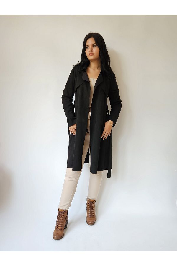 MADAME MELEK Long Suede Trench Coat Belted Slit Unlined Black Women s Trench Coat Trendyol