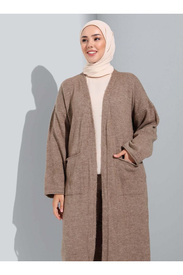 Refka Oversize Knitwear Cardigan with Pocket Detail Mink Refka Casual Trendyol