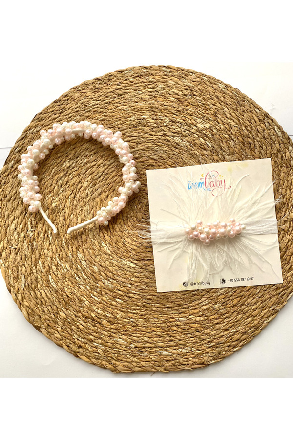 irembaby Anne Bebek Lohusa Seti Anne Tacı ve Bebek Saç Bandı Pembe İncili Tüylü Lohusa Seti Özel Tasarım