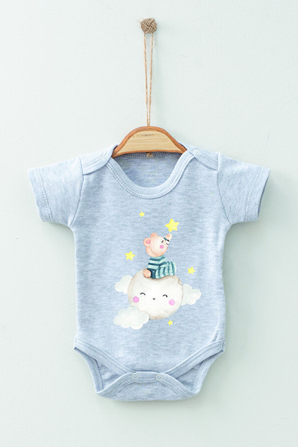 ADABEBEK %100 Pamuk Organik Pijamalı Ayı Kısa Kollu Body Badi Bebek Zıbın