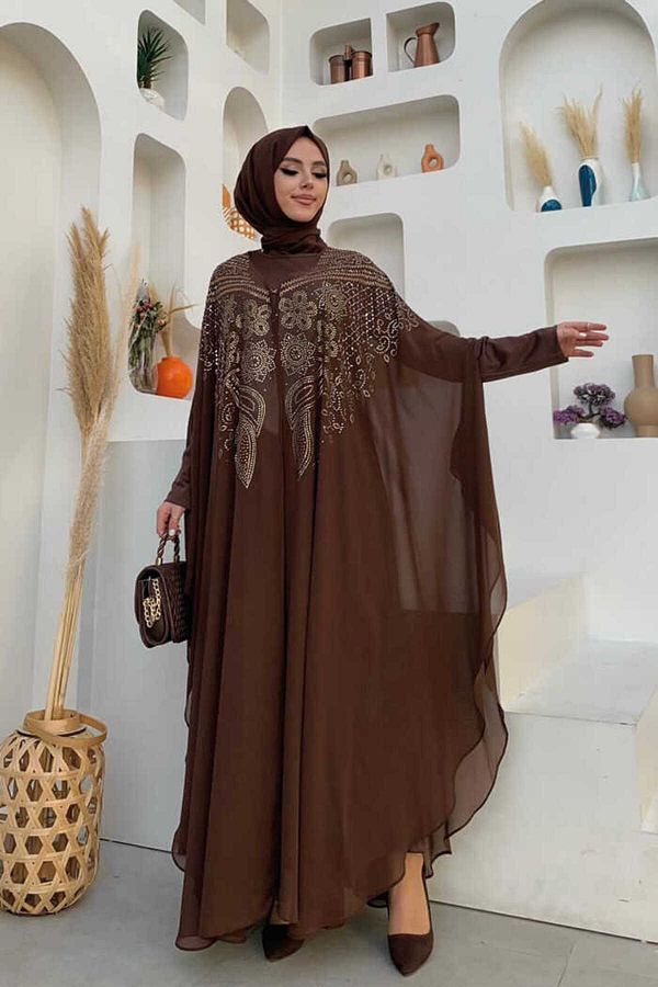 Bym Fashion-طقم فستان سهرة من الشيفون المطرز بالأحجار 3651 بني 1