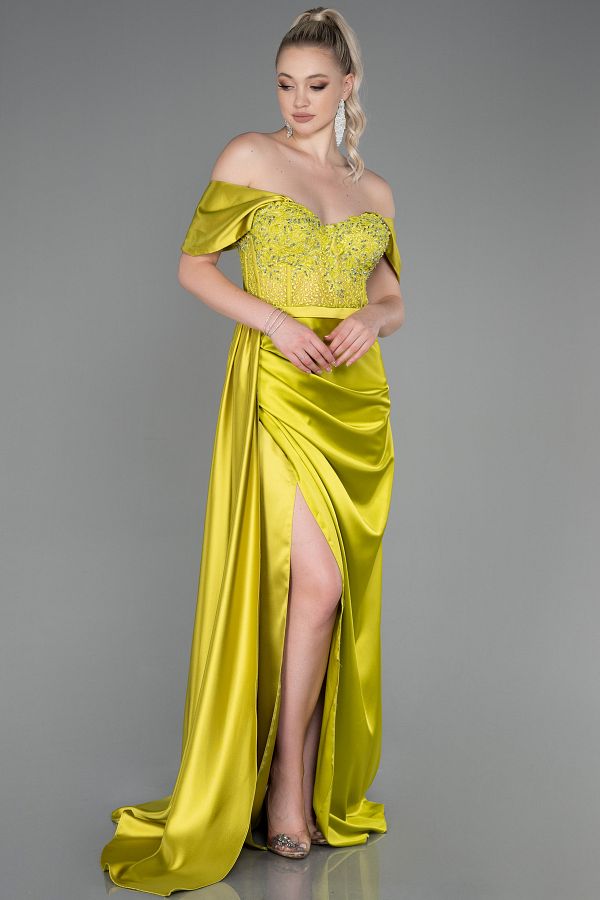 Abiyefon-Rochie de seară lungă din satin, verde fistic, cu decolteu barcă, Abu2087 1