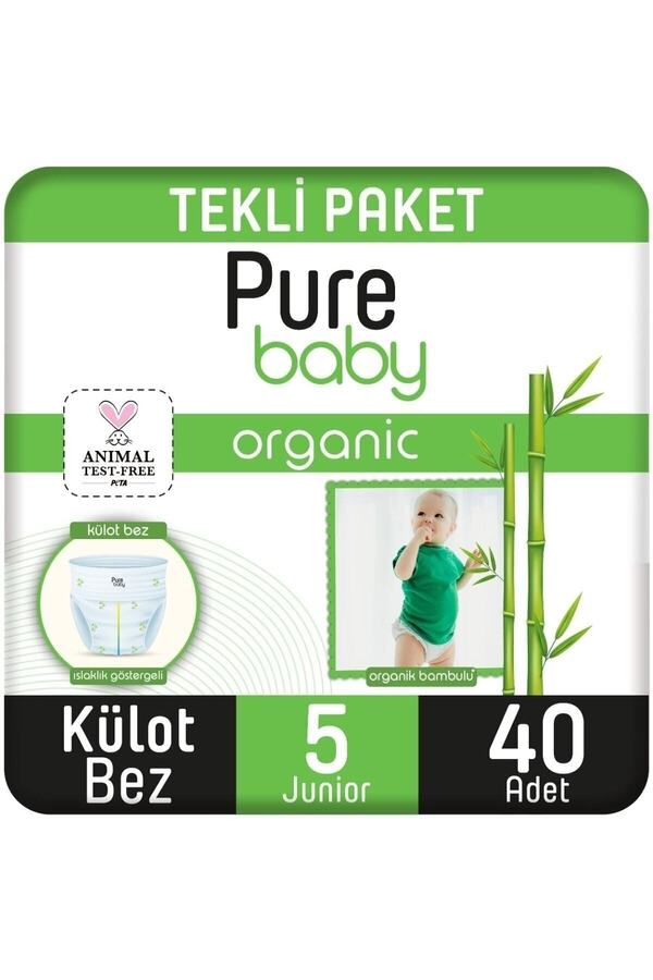 Pure Baby Organik Bambu Özlü Külot Bez Tekli Paket 5 Numara Junior 40 Adet
